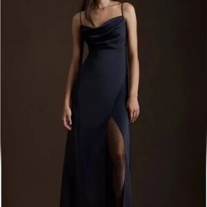 Anthropologie BHLDN Remy Cowl-Neck Faux-Wrap Satin Gown (Navy)